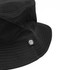 A black bucket hat with a branded logo. The hat features a wide brim and ribbed detailing.