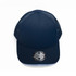 A navy trucker cap with a structured front and mesh back, featuring a circular logo at the base of the brim.