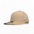 A tan trucker cap with a mesh back and a circular logo on the front.