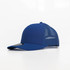 A blue trucker cap with a mesh back and a solid front panel, featuring a logo on the front.