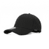 A black six-panel polyester stretch cap with an adjustable strap and a logo on the front.