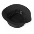 A black bucket hat with a wide brim and an interior label, featuring a simple design.