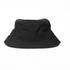 A black bucket hat with a wide brim and a branding logo on the side.