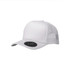 A white trucker cap featuring a solid front and mesh sides, complete with a branding logo.