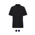 A black polo shirt with a collar, featuring a logo. Available in black and navy.