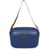 A blue cooler box with a brown adjustable strap, featuring a sleek design and a logo on the front.
