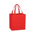 A bright red tote bag with two sturdy handles and a square shape, featuring a logo.