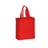 A red non-woven tote bag with two shoulder straps and a square base. It features branding on one side.
