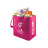 A pink extra large non-woven shopping bag filled with various grocery items and featuring a logo.