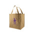 A large beige reusable grocery bag with handles and a logo printed on the front.