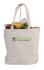 A cream canvas tote bag with two handles, containing various colourful vegetables and featuring a logo.