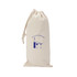 A canvas drawstring wine gift bag in natural colour with a logo featuring wine bottles and glasses.