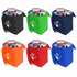 A cooler bag available in black, green, navy, orange, red, and blue, filled with drinks and snacks. Features a logo.