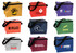 A variety of cooler bags in red, yellow, blue, and white, featuring different logos and a shoulder strap.