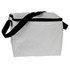 A white cooler bag with a zip closure and a black shoulder strap, featuring a logo on the side.