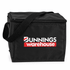 A black cooler bag with a zippered top and a shoulder strap, featuring a logo on the front.