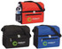 Cooler bags in red, black, and blue with a side mesh pocket for a drink bottle and featuring a logo.
