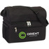 A black cooler bag with zippered compartments and a mesh side pocket, featuring a logo on the front.