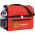 A drink bottle is nestled in a mesh pocket of a red cooler bag with a logo on the front and a shoulder strap.