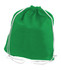 A green non-woven drawstring bag with white drawstrings and a simple design. It features a logo.