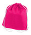 A pink non-woven drawstring bag with white cords. It features a simple design and has a logo.