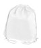 A white non-woven drawstring bag with a cinched top and matching drawstrings. It features a simple design and a logo.