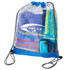 A clear PVC drawstring bag containing a towel, a beach blanket, and a blue electronic device, featuring a logo.