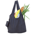 A navy reusable grocery bag with long handles, filled with a loaf of bread and green onions. It has a logo.