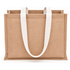 A jute tote bag in a natural tan colour with white handles and a gusseted design. Features a logo.