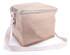 A jute cooler bag in natural tones with a zipper and adjustable strap, featuring a logo on the front.