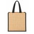 A large jute tote bag with a gusset, featuring a natural beige body and black handles. It has a logo on one side.