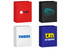 Medium full-coloured laminated bags in red, black, white, and blue, featuring various logos and branding.