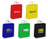 A collection of medium paper bags in red, yellow, blue, and black, each featuring branding logos.