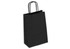 A black kraft paper bag with two handles and a rectangular design. It features a simple and smooth surface.