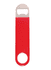 A drink bottle opener with a stainless steel head and a bright red vinyl wrapped handle. It includes a logo.