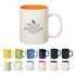 A coloured stoneware mug with a C-handle, featuring various colour options including orange, yellow, green, and blue, with a logo.