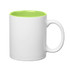 A white stoneware mug with a vibrant green interior and a C-handle. It features a logo on the surface.