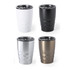 A collection of four insulated travel mugs in white, black, silver, and bronze, each with a diamond cut design and lid.