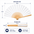 A foldable paper fan with a wooden handle, featuring white panels, measuring 38cm when unfolded and 21cm when folded.