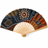 A foldable paper fan featuring Indigenous Australian designs in black, orange, and white with a wooden handle.