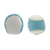 A hacky sack with a light blue and white design, featuring a soft fabric exterior and a round shape.