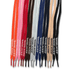 A variety of printed shoelaces in multiple colours, featuring a logo on each lace.
