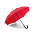 A red umbrella with a black handle and a curved end, featuring a logo on the canopy.