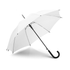 A white umbrella with a black handle and a sleek design, featuring a logo on the canopy. 