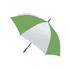 A golf umbrella featuring a green and white design with a wooden handle and a logo on the canopy.