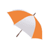 A golf umbrella in orange and white, featuring a sturdy handle and a logo on the canopy.