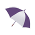 A purple and white golf umbrella with a curved handle and a logo on the canopy.