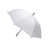 A white golf umbrella with a black frame and a wooden handle, featuring a logo on the canopy.