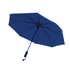A navy blue umbrella with a black handle and multiple ribs for support. It features a logo on the handle.