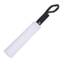 A compact black umbrella with a white cover and a loop handle for easy carrying.